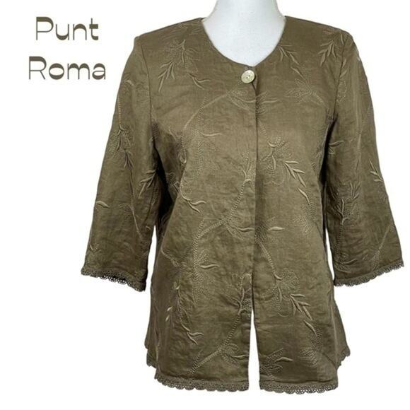 Punt Roma Taupe 100% Linen Embroidered Lace Cottage Coastal Jacket NWT Size 8 - Picture 2 of 12